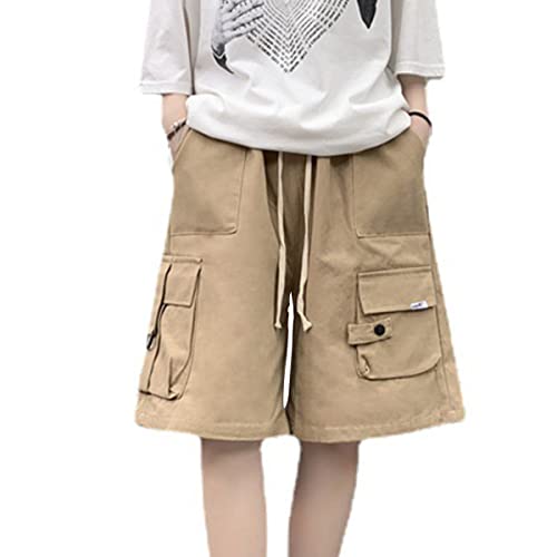 Kurze Hose Damen Knielang Bermuda Cargo Shorts Sommer Loose Fit Casual Harajuku (Khaki,M) von Linsennia