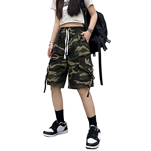 Linsennia Cargo Shorts Damen Camouflage hoch taillierte Y2k Bermuda Shorts mit Taschen Knielang Casual (#021 Army Green,L) von Linsennia