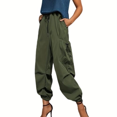 Linsennia Cargohose Damen Baggy mit Gummibund Y2k Weite Jogginghose High Waist Teenager Mädchen Parachute Pants Leicht Locker (Army Green,L) von Linsennia