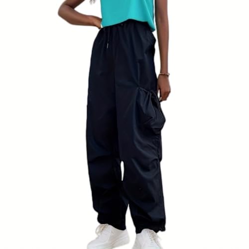 Linsennia Cargohose Damen Baggy mit Gummibund Y2k Weite Jogginghose High Waist Teenager Mädchen Parachute Pants Leicht Locker (Black,L) von Linsennia