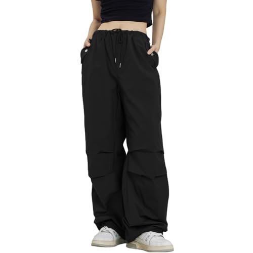 Linsennia Cargohose Damen Y2k Leicht Wide Leg Parachute Pants Baggy Teenager Mädchen High Waist Freizeithose Weites Bein (Black,M) von Linsennia