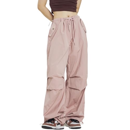 Linsennia Cargohose Damen Y2k Leicht Wide Leg Parachute Pants Baggy Teenager Mädchen High Waist Freizeithose Weites Bein (Pink,L) von Linsennia