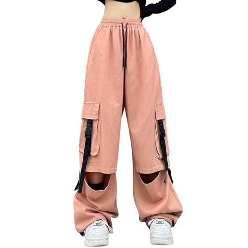 Linsennia Cargohose Damen Y2k Zerrissene High Waist Weite Hose Lockere mit Taschen Ripped Pants Baggy Wide Leg von Linsennia