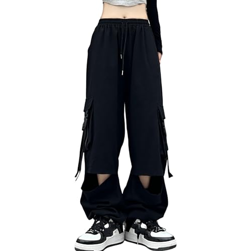 Linsennia Cargohose Damen Y2k Zerrissene High Waist Weite Hose Lockere mit Taschen Ripped Pants Baggy Wide Leg von Linsennia