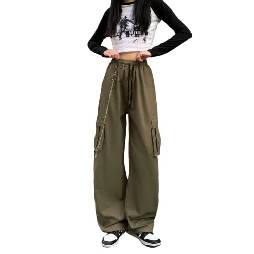 Linsennia Cargohose Damen Y2k mit Kette Weite Parachute Pants Mädchen High Waist Streetwear Gothic (Army Green,XL) von Linsennia