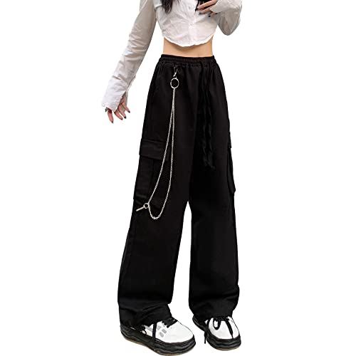 Linsennia Cargohose Damen Y2k mit Kette Weite Parachute Pants Mädchen High Waist Streetwear Gothic (Black,XXS) von Linsennia