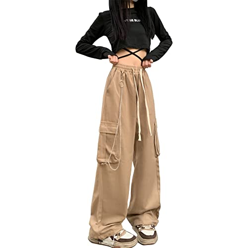 Linsennia Cargohose Damen Y2k mit Kette Weite Parachute Pants Mädchen High Waist Streetwear Gothic (Khaki,M) von Linsennia