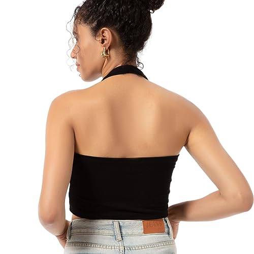 Linsennia Neckholder Top Damen Crop Tank Top Basic Sommer Rückenfreies Oberteil Sexy Ärmelloses (Black,M) von Linsennia