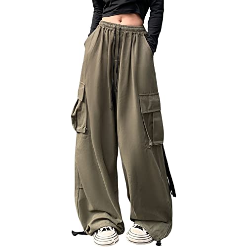 Linsennia Parachute Pants Y2k Cargohose Damen Baggy Hose Mädchen Weite Cargo Pants High Waist Streetwear (Army Green,M) von Linsennia