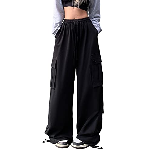 Linsennia Parachute Pants Y2k Cargohose Damen Baggy Hose Mädchen Weite Cargo Pants High Waist Streetwear (Black,M) von Linsennia