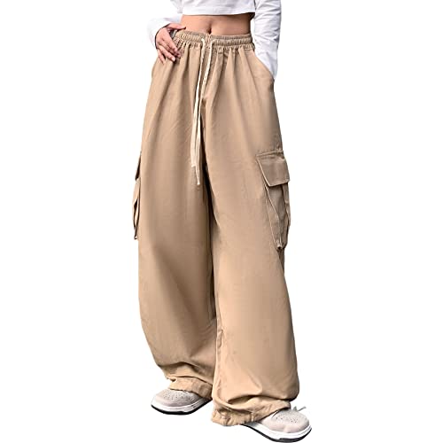 Linsennia Parachute Pants Y2k Cargohose Damen Baggy Hose Mädchen Weite Cargo Pants High Waist Streetwear (Khaki,S) von Linsennia