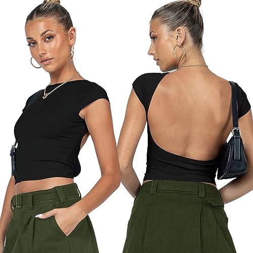 Linsennia Rückenfreies Oberteil Damen Sexy Y2k Crop Top Sommer Backless T Shirt Kurzarm Teenager Mädchen Party Schmaler Passform (Black,XS) von Linsennia