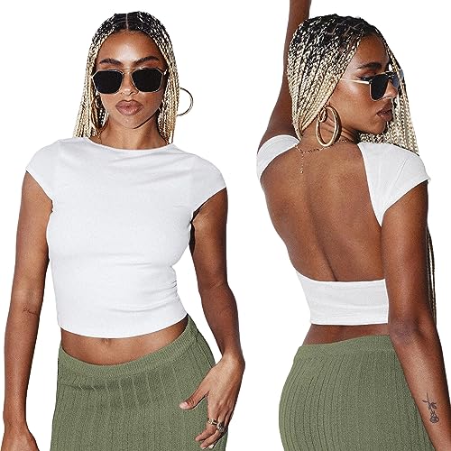 Linsennia Rückenfreies Oberteil Damen Sexy Y2k Crop Top Sommer Backless T Shirt Kurzarm Teenager Mädchen Party Schmaler Passform (White,L) von Linsennia