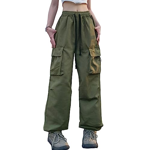 Linsennia Weite Cargohose Damen Sommer Entspannte Passform Y2k Parachute Pants High Waist Freizeithose Teenager Mädchen (Army Green,M) von Linsennia