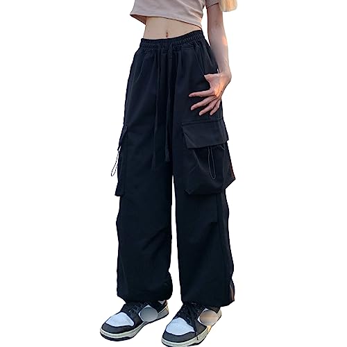 Linsennia Weite Cargohose Damen Sommer Entspannte Passform Y2k Parachute Pants High Waist Freizeithose Teenager Mädchen (Black,M) von Linsennia