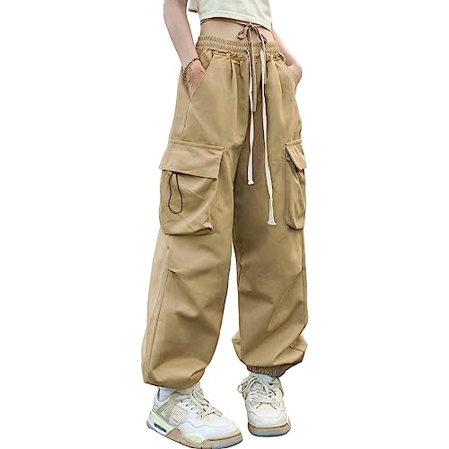 Linsennia Weite Cargohose Damen Sommer Entspannte Passform Y2k Parachute Pants High Waist Freizeithose Teenager Mädchen (Khaki,S) von Linsennia