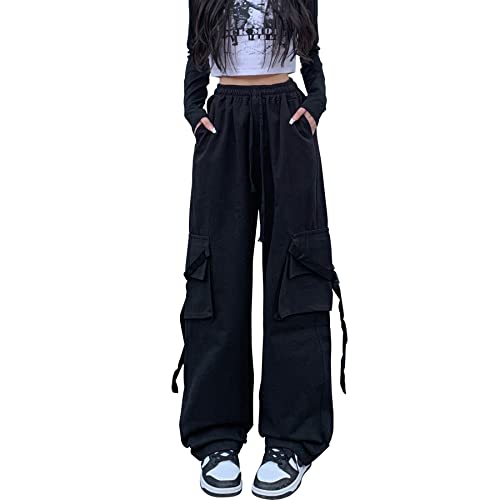 Linsennia Y2k Cargohose Damen Baggy Parachute Pants Teenager Mädchen Weite High Waist Streetwear (Black,M) von Linsennia