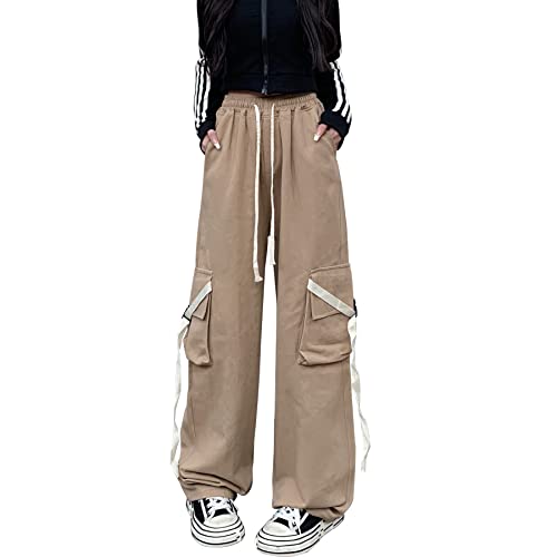 Linsennia Y2k Cargohose Damen Baggy Parachute Pants Teenager Mädchen Weite High Waist Streetwear (Khaki,L) von Linsennia