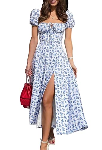 Linsery Damen Puffärmel Blumen Maxikleid Elegant Quadratischer Ausschnitt Cottagecore Boho Split Lange Kleider, Blau, X-Groß von Linsery