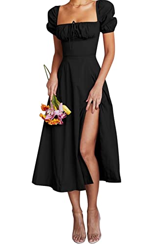 Linsery Damen Puffärmel Blumenmuster Maxikleid Elegant Quadratischer Ausschnitt Cottagecore Boho Split Lange Kleider, Einfarbig Schwarz, X-Groß von Linsery