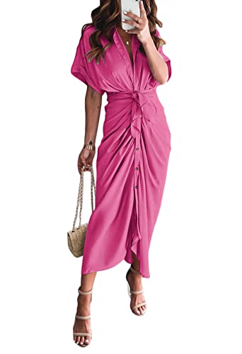 Linsery Damen Satin Hemd Kleid Gerafft Kurzarm Knopfleiste Gürtel Wrap Maxikleider, A-rose rot, Mittel von Linsery