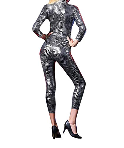 LinvMe Frau Kunstleder Tiefer Ausschnitt Mesh Nachtclub Catsuit Silber XXL von LinvMe