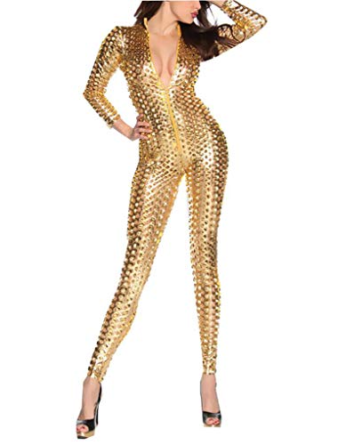 LinvMe Frau Veganes Leder Tiefer Ausschnitt Durchschauen Catsuit Gold M von LinvMe