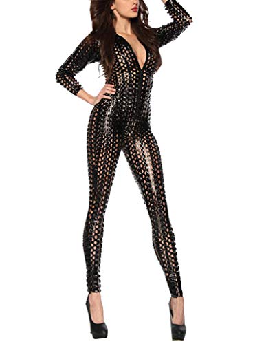 LinvMe Frau Veganes Leder Tiefer Ausschnitt Durchschauen Catsuit Schwarz XXXL von LinvMe