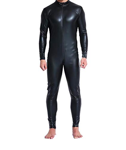 LinvMe Herren Lackleder Stehkragen Reißverschluss Eng Jumpsuit Schwarz XXL von LinvMe