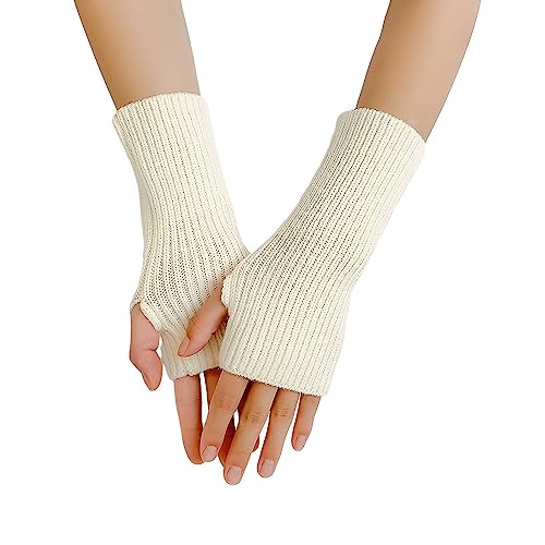 Linwnil Damen Winter Warm Strick Fingerlose Handschuhe Daumenloch Strick Handgelenk Armstulpen Fäustlinge, 1 Paar/weiß, EinheitsgröÃŸe von Linwnil