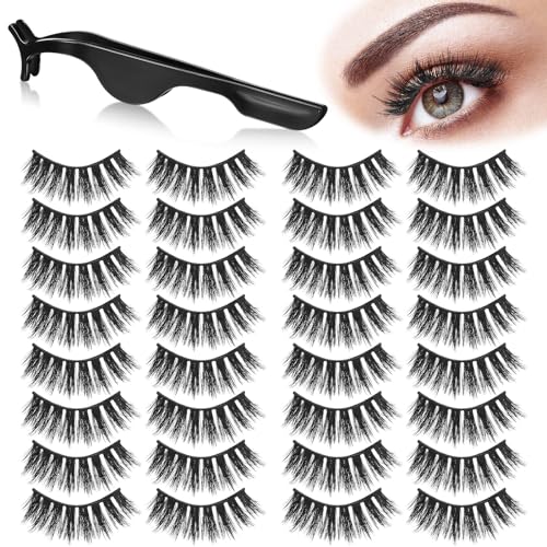 Linyuthia Wiederverwendbare selbstklebende Wimpern, wasserdicht, stabil, selbstklebend, einfach anzubringen, mit Pinzette für Damen, natürlich, kein Eyeliner-Look, Schwarz (dicker Stil), 16 Paar von Linyuthia