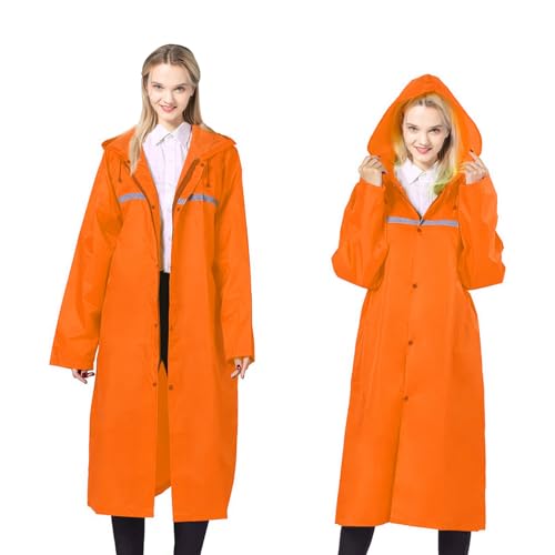 Linzrcry Damen Regenponcho Herren Wasserdicht Regenjacke Atmungsaktiv Regencape Reflektierende Streifen mit Feststellbaren Bündchen und Kapuze für Camping Reisen（orange，4XL） von Linzrcrry