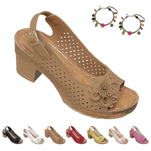 2025 Sandalen mit Schnalle und Quadratischem Absatz füR Damen, Slingback Sandalen Damen mit Absatz, Bequeme Plateau Sandalen, Pflegeleicht, Geeignet füR Die TäGliche Freizeitkleidung(Braun,41) von Liocwocne