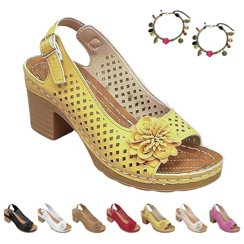 2025 Sandalen mit Schnalle und Quadratischem Absatz füR Damen, Slingback Sandalen Damen mit Absatz, Bequeme Plateau Sandalen, Pflegeleicht, Geeignet füR Die TäGliche Freizeitkleidung(Gelb,42) von Liocwocne