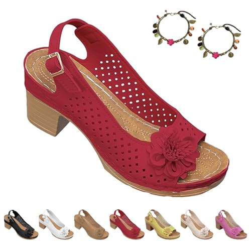 2025 Sandalen mit Schnalle und Quadratischem Absatz füR Damen, Slingback Sandalen Damen mit Absatz, Bequeme Plateau Sandalen, Pflegeleicht, Geeignet füR Die TäGliche Freizeitkleidung(Rot,37) von Liocwocne