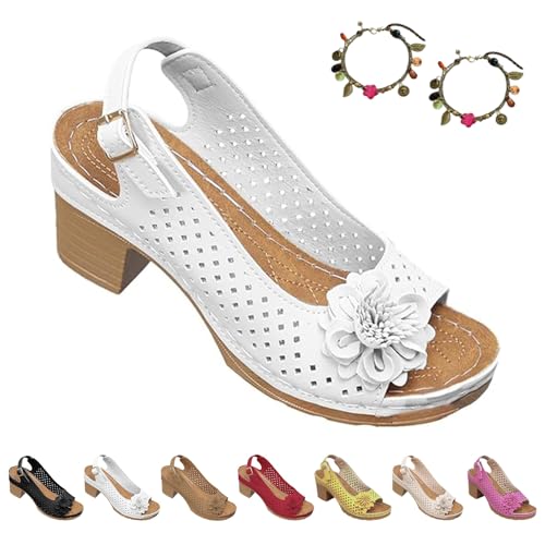 2025 Sandalen mit Schnalle und Quadratischem Absatz füR Damen, Slingback Sandalen Damen mit Absatz, Bequeme Plateau Sandalen, Pflegeleicht, Geeignet füR Die TäGliche Freizeitkleidung(Weiß,38) von Liocwocne