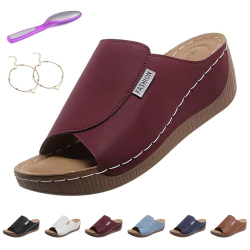 Bequeme Slides mit FußGewöLbeunterstüTzung – Einfarbige Damensandalen, Warmsday Sandalen Damen mit OrthopäDischer FußBettung und Rutschfester Sohle, Atmungsaktiv Plateau Sandalen Damen(Weinrot,37) von Liocwocne