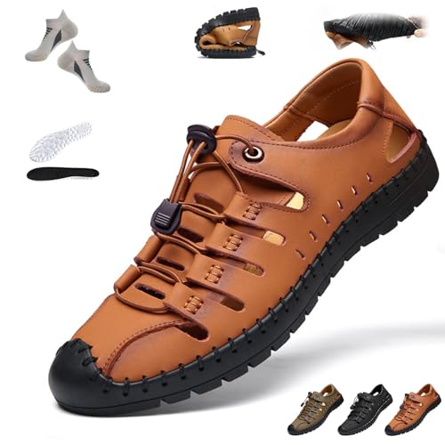 LäSsige OrthopäDische Sandalen füR Herren, Rutschfest und Wasserdicht Ledersandalen Herren, Warmsday Hohlsandalen, Weiche Sohle, Geeignet Zum Wandern, Angeln und Als Strandbekleidung(Braun,40) von Liocwocne