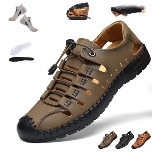 LäSsige OrthopäDische Sandalen füR Herren, Rutschfest und Wasserdicht Ledersandalen Herren, Warmsday Hohlsandalen, Weiche Sohle, Geeignet Zum Wandern, Angeln und Als Strandbekleidung(Khaki,41) von Liocwocne