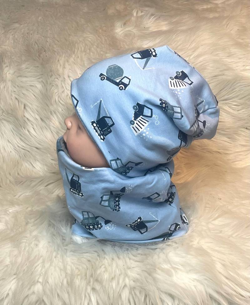 Beanie, Loop Set „Bagger, Kran Hellblau 39-60 Kindermütze, Schal , Mütze Mit , Kleinkind Oder Einzeln Beanie, Loop Set „Bagger, Kran Hellblau 39-60 Kindermütze, Schal , Mütze Mit , Kleinkind Oder Einzeln von Liolinos