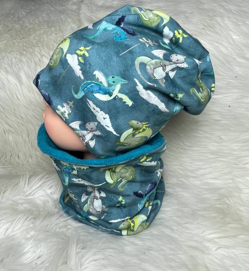 Beanie, Loop Set „Drache Dino " Petrol Aquarell 39-60 Kindermütze, Schal , Mütze Mit , Kleinkind Oder Einzeln von Liolinos