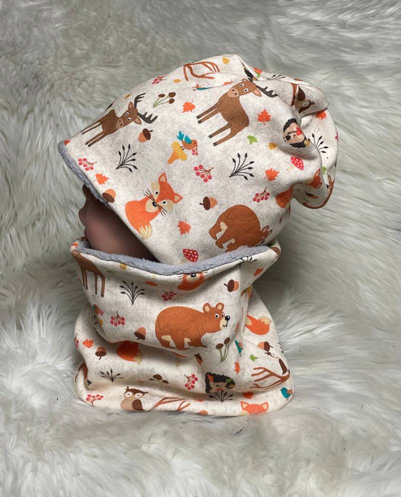 Beanie, Loop Set Waldtiere Bär Fuchs Igel Beige 39-60 Kindermütze, Schal , Mütze Mit , Kleinkind Oder Einzeln von Liolinos