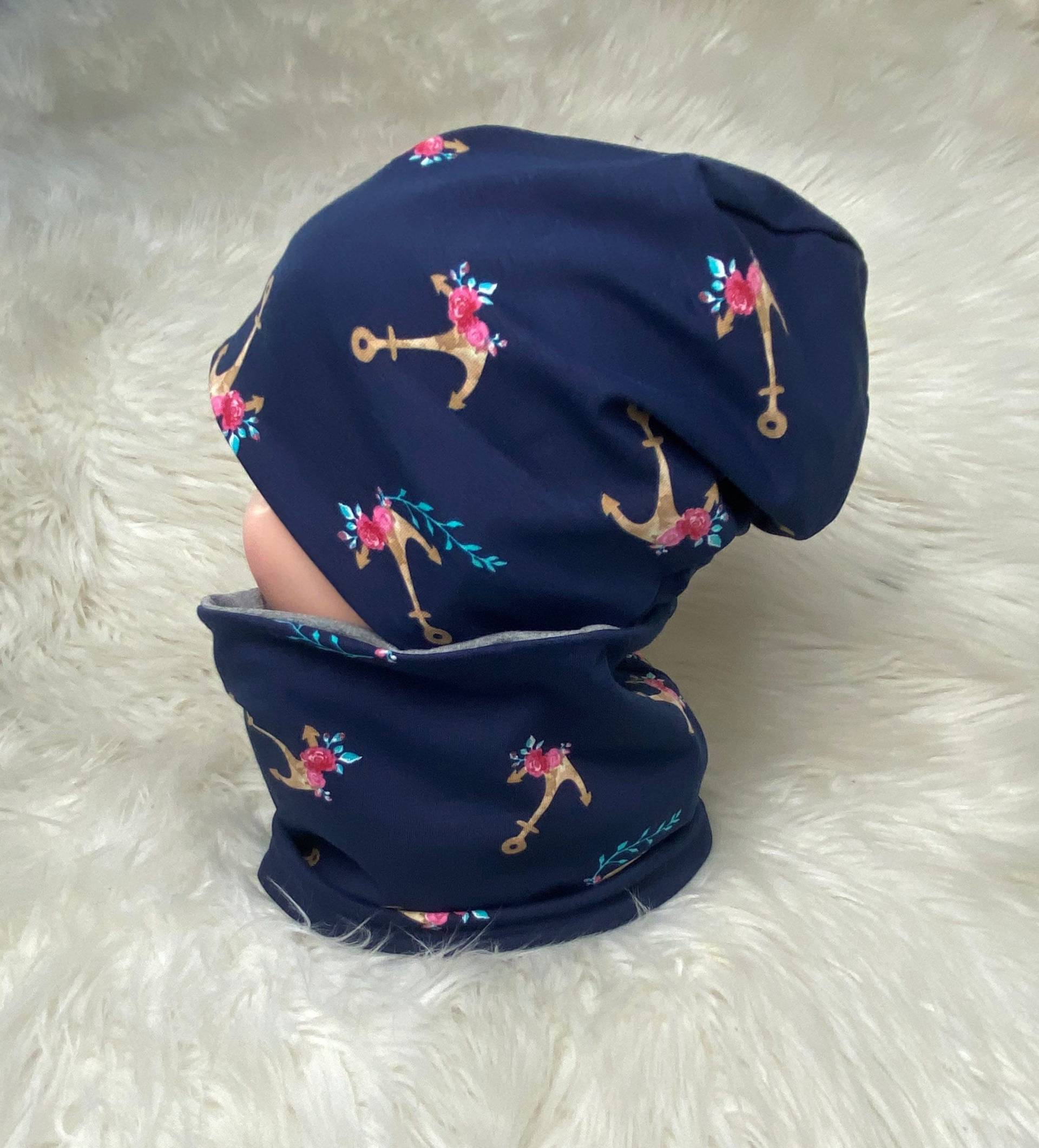 Beanie Loop Anker Blumen Dunkelblau Maritim 39-60 Kindermütze, Schal , Mütze Mit , Kleinkind Set von Liolinos