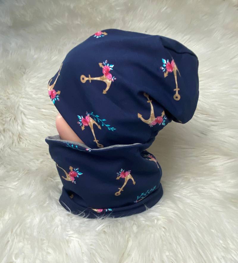 Beanie Loop Anker Blumen Dunkelblau Maritim 39-60 Kindermütze, Schal , Mütze Mit , Kleinkind Set von Liolinos