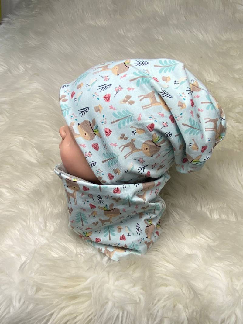 Beanie Loop Boho Reh Hellblau 39-60 Kindermütze, Schal , Mütze Mit , Kleinkind Set Kind Baby Mädchen Junge von Liolinos