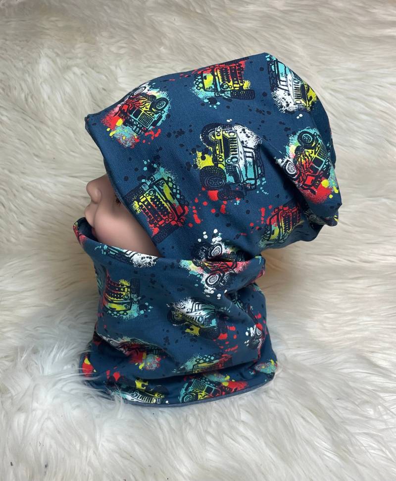 Beanie Loop Monstertruck Blau 39-60 Kindermütze, Schal , Mütze Mit Oder Einzeln , Kleinkind Set von Liolinos