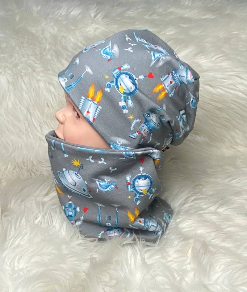 Beanie Loop Rakete Roboter Grau 39-60 Kindermütze, Schal , Mütze Mit , Kleinkind Set Einzeln Oder Als Baby Kind Junge von Liolinos