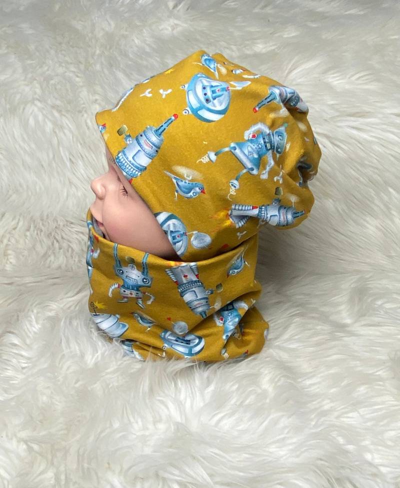 Beanie Loop Rakete Roboter Ocker 39-60 Kindermütze, Schal , Mütze Mit , Kleinkind Set Einzeln Oder Als Baby Kind Junge von Liolinos