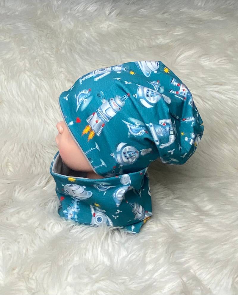 Beanie Loop Rakete Roboter Petrol 39-60 Kindermütze, Schal , Mütze Mit , Kleinkind Set Einzeln Oder Als Baby Kind Junge von Liolinos