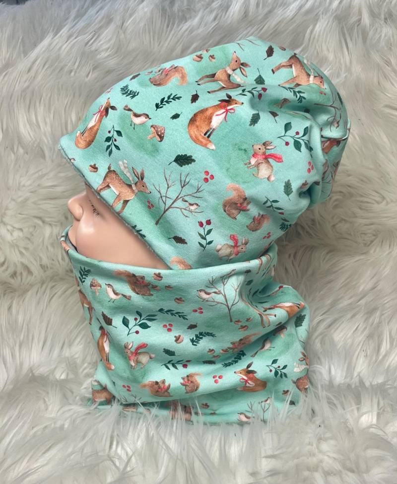 Beanie Loop Reh Fuchs Mint Waldtiere 39-60 Kindermütze, Schal , Mütze Mit , Kleinkind Set Oder Einzeln von Liolinos